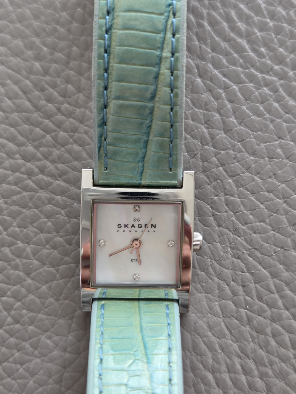 Skagen Silver Square Watch with Mint Green Leather Strap